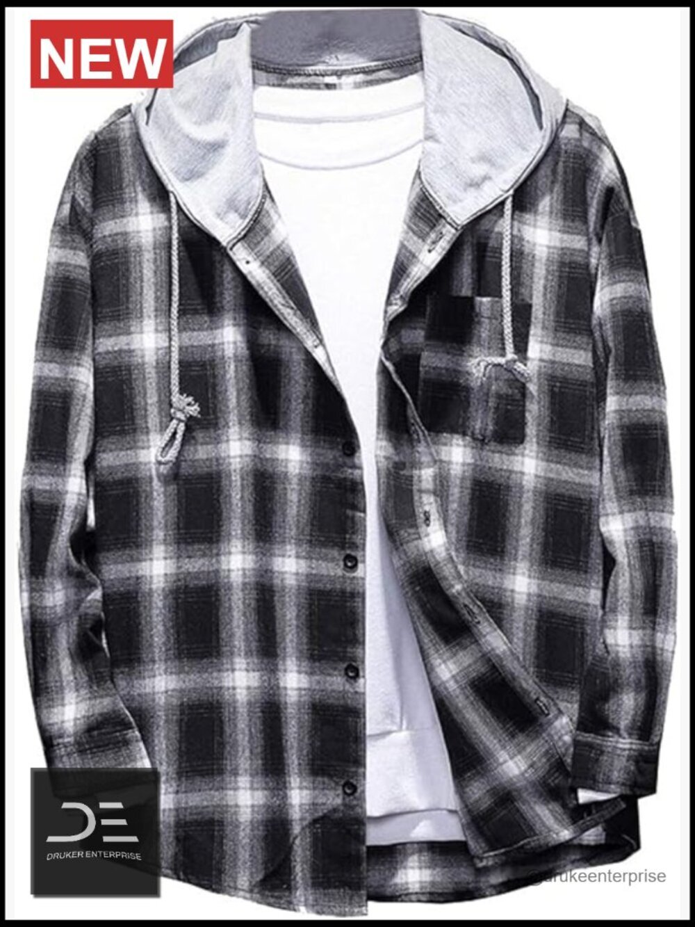 Men's Plaid Hooded Shirt Jacket Lightweight Cotton Long Sleeve Casual Button